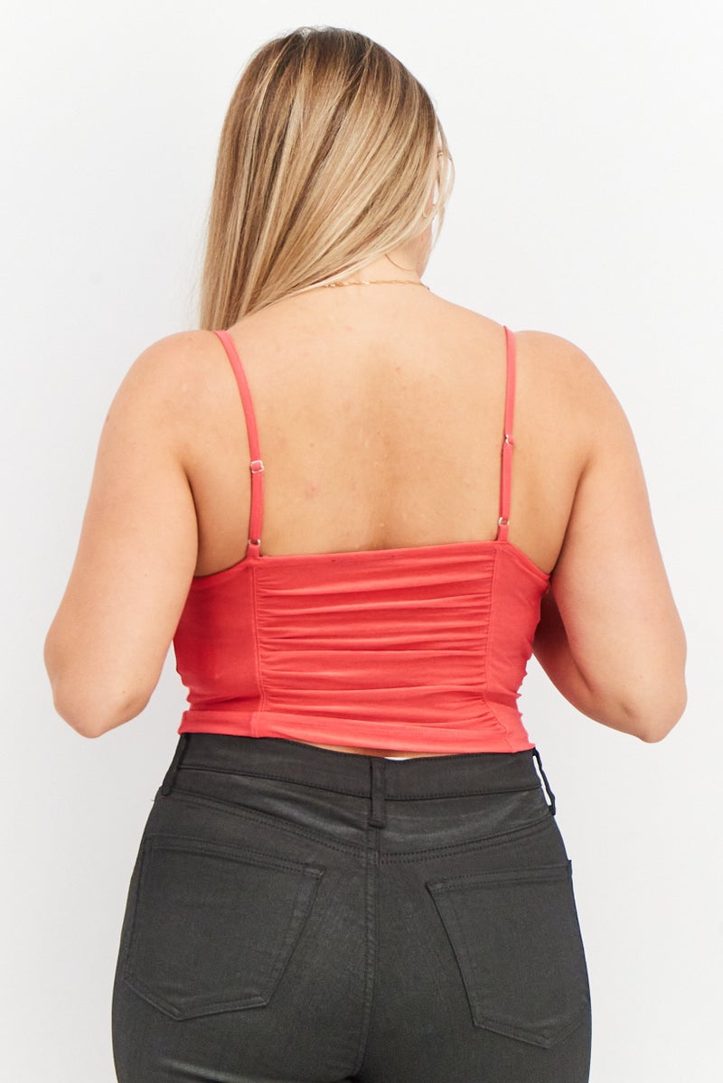 Sinsay Women V neck Sleeveless Solid Ruched Top, Dark Pink - Image 2